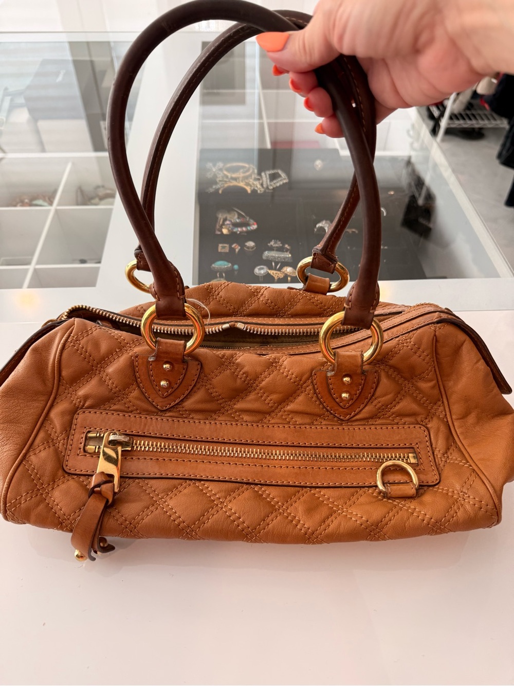 VTG Marc Jacobs Ursula Tan Quilted Leather Bowler Bag Satchel Y2K Stam Style